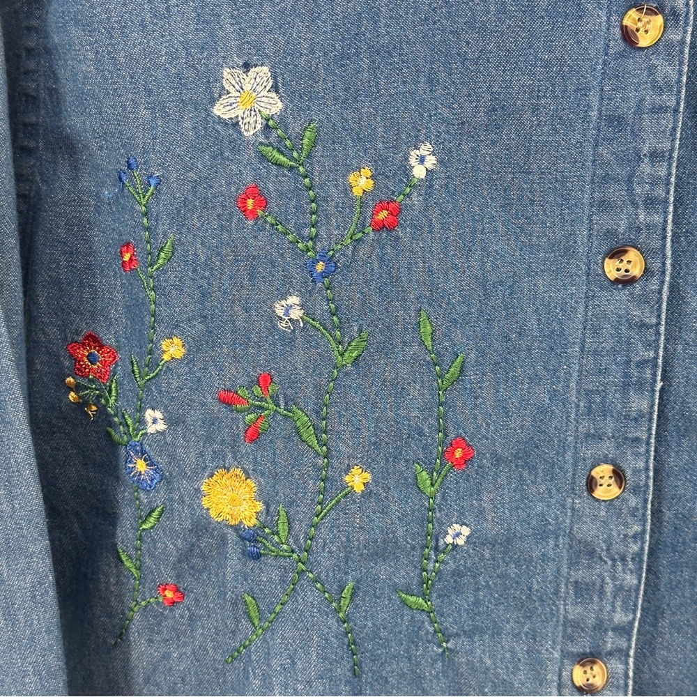 Women’s Vintage‎ 90’s Denim Floral Embroidered Top Cottagecore Grannycore - Picture 2 of 8